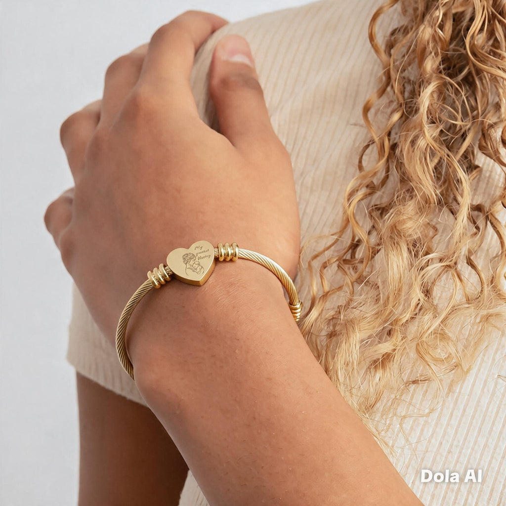 Engravable Heart Cuff Bracelet — Personalized Cable Wire Bangle (Silver or Gold)